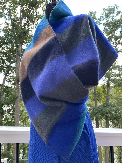 Blue, black, green, tan horizontal stripes alpaca infinity scarf